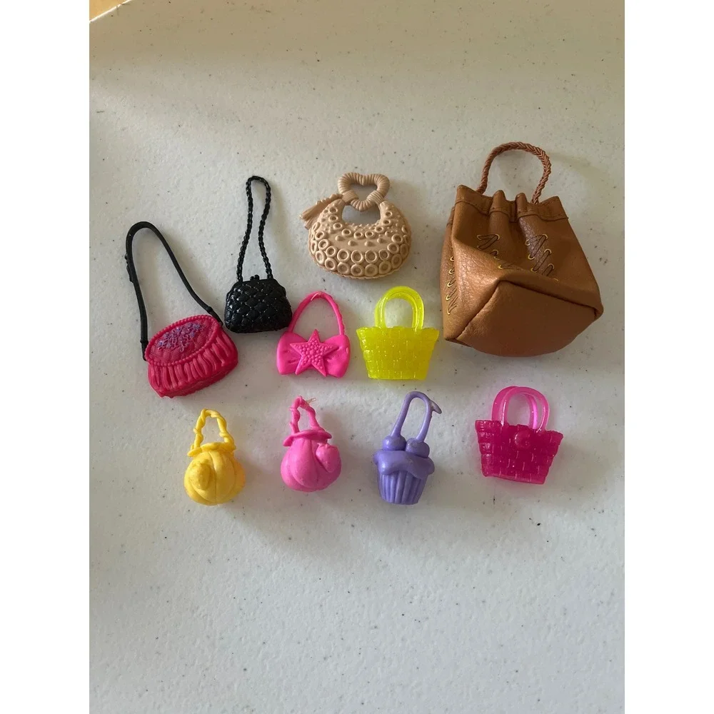 Mixed Lot of 10 Doll Purses Handbags Accessories Pink Brown Black Yellow Purple